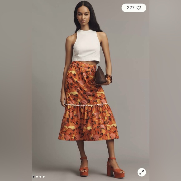 NWT $178 Farm Rio Tiered Flare-Hem Printed Midi Skirt LP